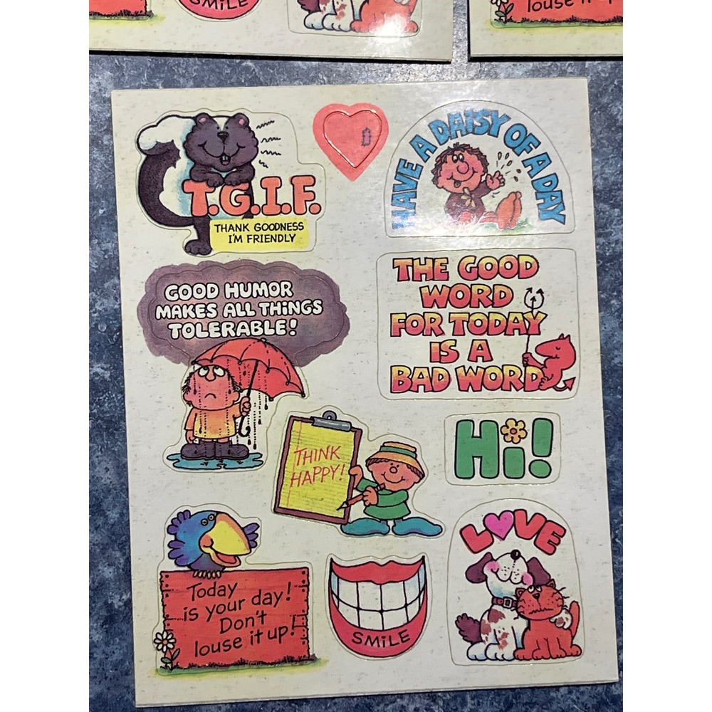 Vintage 70s 80s Sticker Sheets Lot Retro Humorous Characters TGIF Smile Love Hi